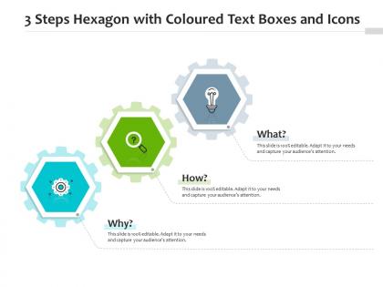 3 steps hexagon with coloured text boxes and icons infographic template