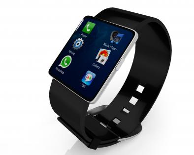 3d black watch displaying icons of apps and games stock photo