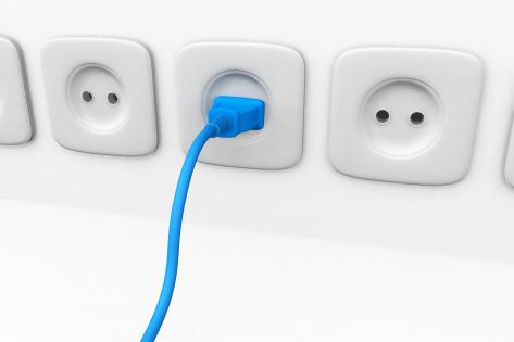 3d blue plug with three white sockets for technology stock photo