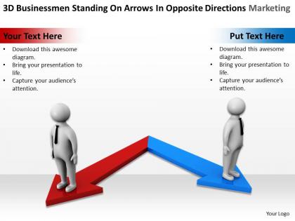 3d businessmen standing on arrows in opposite direction marketing ppt graphics icons