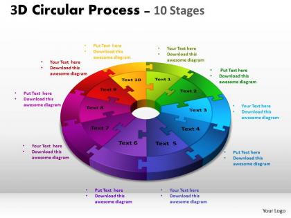 3d circular process cycle diagram chart 10 stages design 3 powerpoint slides and ppt templates 0412 6