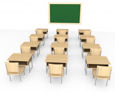 3d class room with seats and board stock photo
