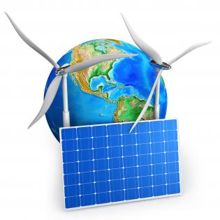 3d earth with windmills and solar plate stock photo