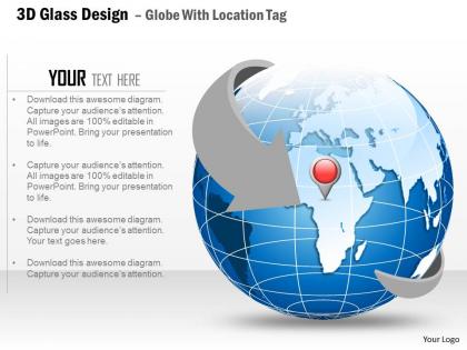 3d glass design globe with location tag ppt presentation slides