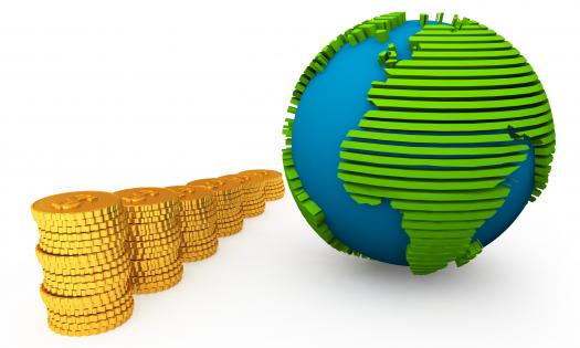 3d globe and gold coins in queue stock photo