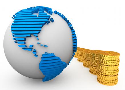 3d globe with gold coins stock photo