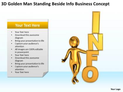 3d golden man standing beside info business concept ppt graphics icons powerpoin