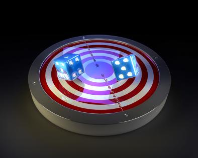 3d graphic of target and dices stock photo
