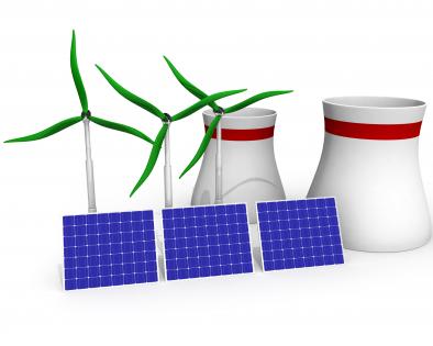 3d graphic of windmill with solar panel stock photo