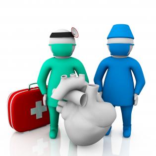 3d man as doctor and assistant for heart and first aid stock photo