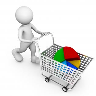 3d man carrying pie chart in cart stock photo