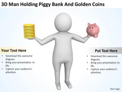 3d man holding piggy bank and golden coins ppt graphics icons