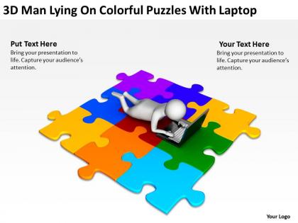 3d man lying on colorful puzzles with laptop ppt graphics icons
