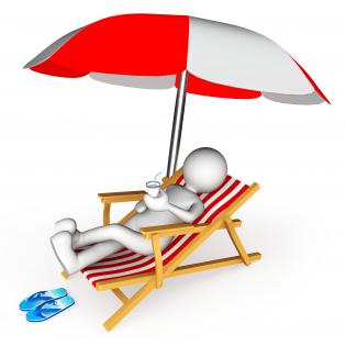 3d man on beach chair and umbrella stock photo