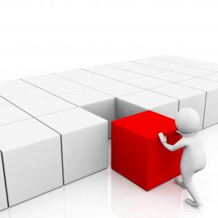 3d man pushing red cube inside the white cube line shows problem solving stock photo