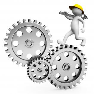 3d man running on gears for process control stock photo