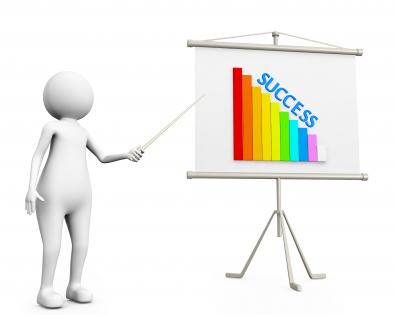 3d man showing graph bar with success on flip chart stock photo