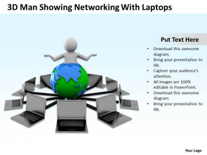 3d man showing networking with laptops ppt graphics icons powerpoint