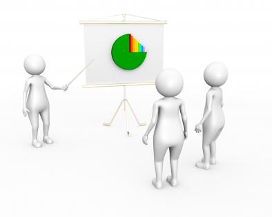 3d man showing pie on flip chart for business stock photo