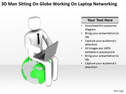 3d man sitting on globe working on laptop networking ppt graphics icons powerpoin