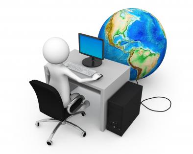 3d man sitting with laptop and globe infront business stock photo
