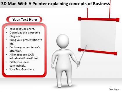 3d man with a pointer explaining concepts of business ppt graphics icons