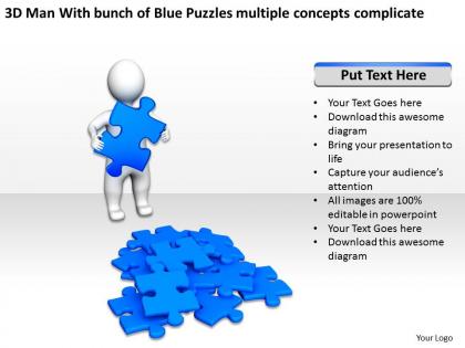 3d man with bunch of blue puzzles multiple concepts complicate ppt graphics icons