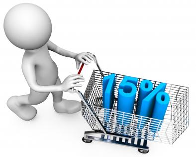 3d man with fifteen percent graphic with cart stock photo