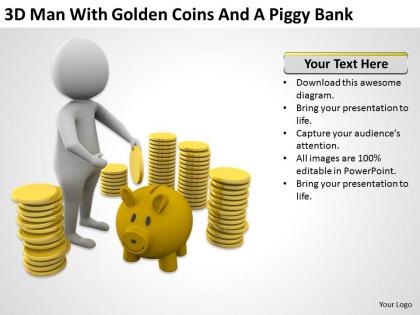 3d man with golden coins and a piggy bank ppt graphics icons