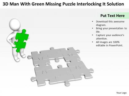3d man with green missing puzzle interlocking it solution ppt graphic icon