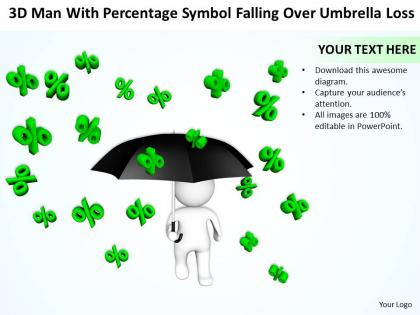 3d man with percentage symbol falling over umbrella loss ppt graphic icon
