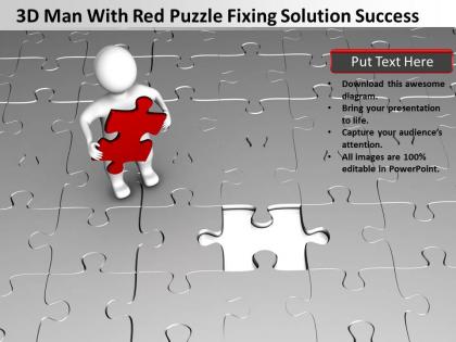 3d man with red puzzle fixing solution success ppt graphic icon