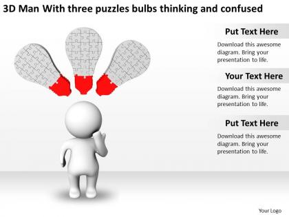 3d man with three puzzles bulbs thinking and confused ppt graphics icons