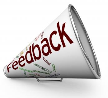 3d megaphone with feedback text stock photo