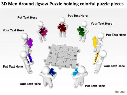 3d men around jigsaw puzzle holding colorful puzzle pieces ppt graphic icon