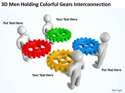 3d men holding colorful gears interconnection ppt graphics icons