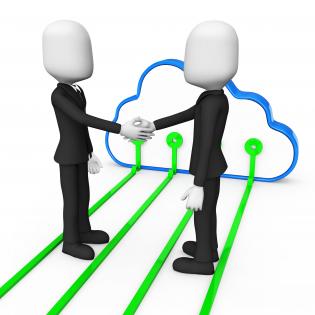 3d men shaking hands over cloud computing concept stock photo