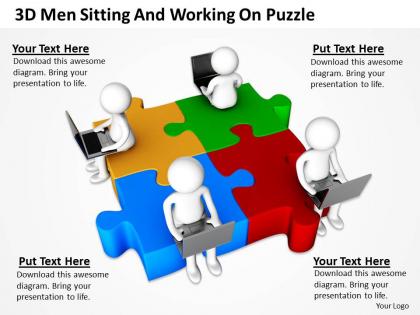 3d men sitting and working on puzzle ppt graphics icons powerpoint