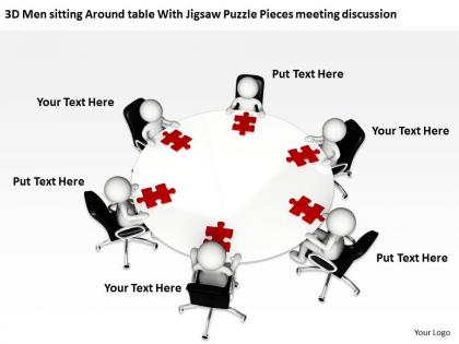 3d men sitting around table with jigsaw puzzle pieces meeting discussion ppt graphic icon