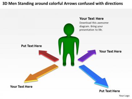 3d men standing around colorful arrows confused with directions ppt graphic icon