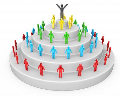 3d men standing in circular podium with one leader stock photo