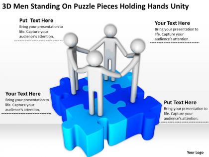 3d men standing on puzzle pieces holding hands unity ppt graphics icons