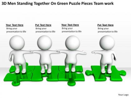 3d men standing together on green puzzle pieces team work ppt graphics icons