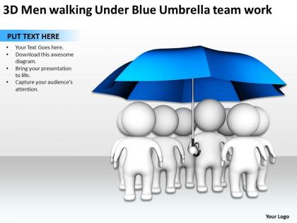 3d men walking under blue umbrella team work ppt graphic icon