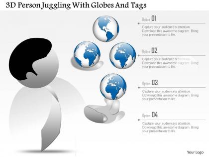 3d person juggling with globes and tags ppt presentation slides