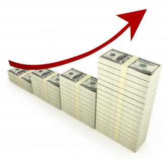 3d red arrow for growth with dollar bar graph stock photo