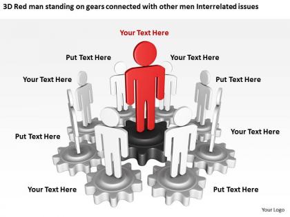 3d red man standing on gears connected with other men interrelated issues ppt graphic icon