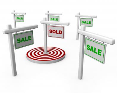 3d sign board with sale word with target dart in centre stock photo