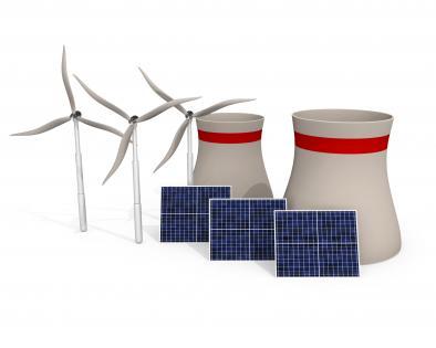 3d three windmills with solar panel stock photo