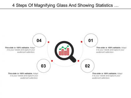 4 steps of magnifying glass and showing statistics performance icon